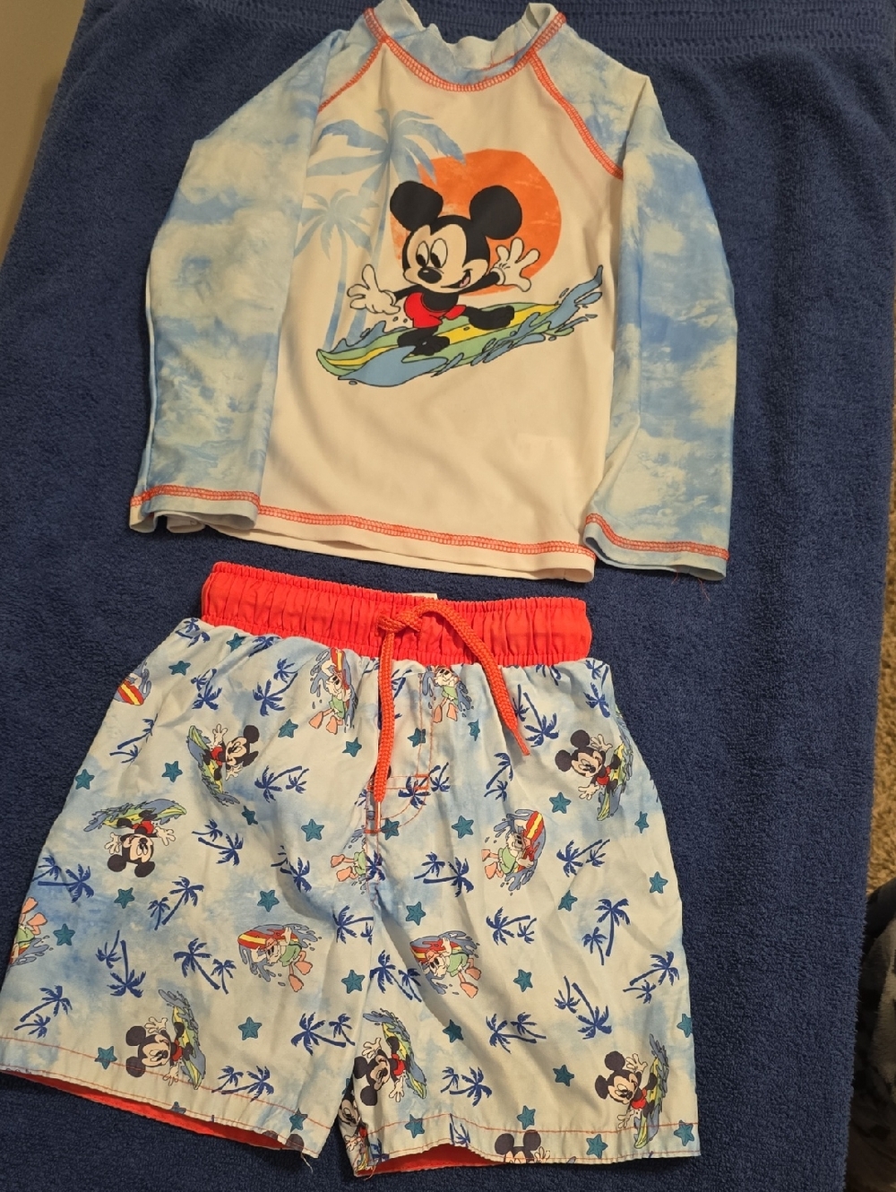 Disney Boys Blue and White Mickey Surf Rashguard Set with Red Accents